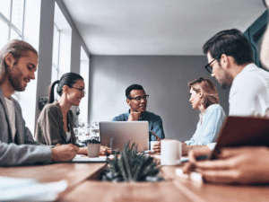 Group of professionals meet in an office